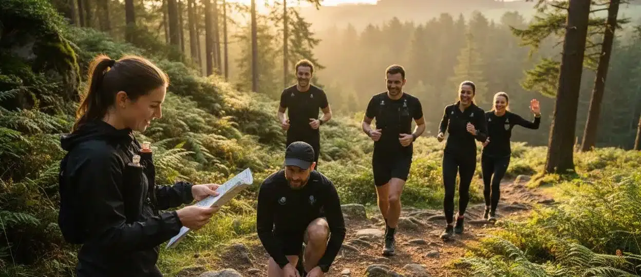 beginner trail running, group, nature
